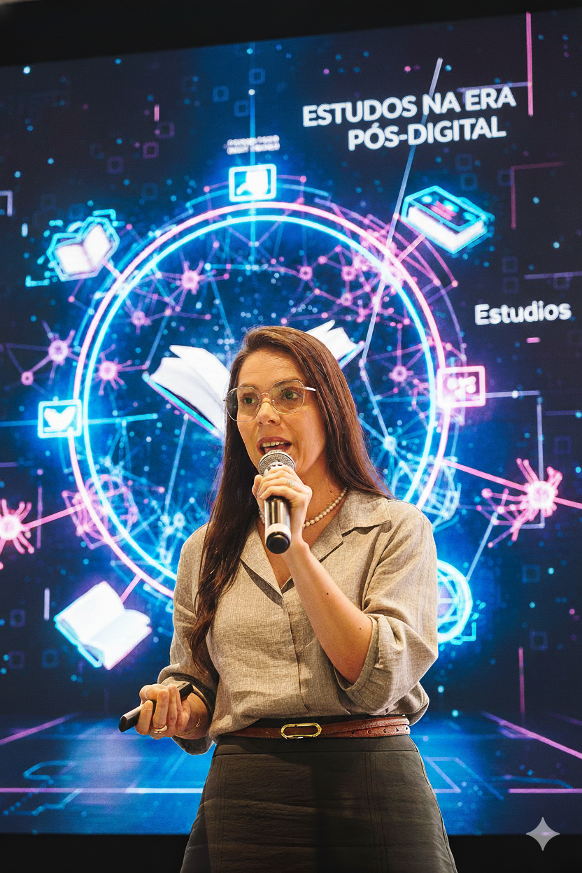 Professora Rebeca Rocha em palestra sobre estudos e aprovação